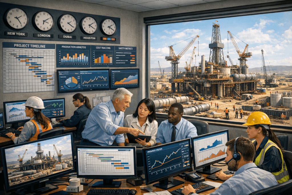 Project control room with construction site view